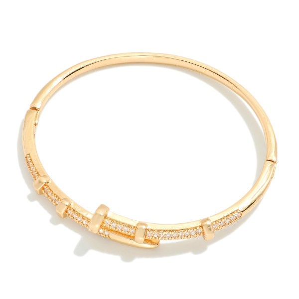 Metal Tone Hinged Nail Cuff Bracelet Featuring Cubic Zirconia Details 

- Approximately 2" D