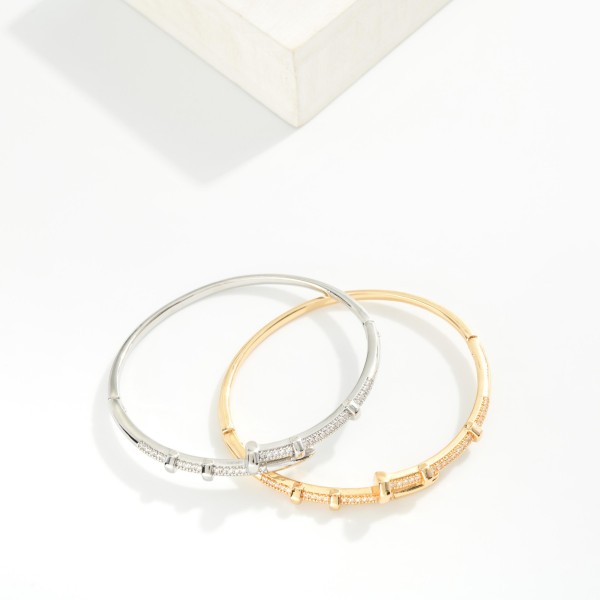 Metal Tone Hinged Nail Cuff Bracelet Featuring Cubic Zirconia Details 

- Approximately 2" D