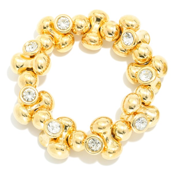 Chunky Metal Tone Peanut Bead Stretch Bracelet Featuring Rhinestone Details 

- Approximately 2.5" D