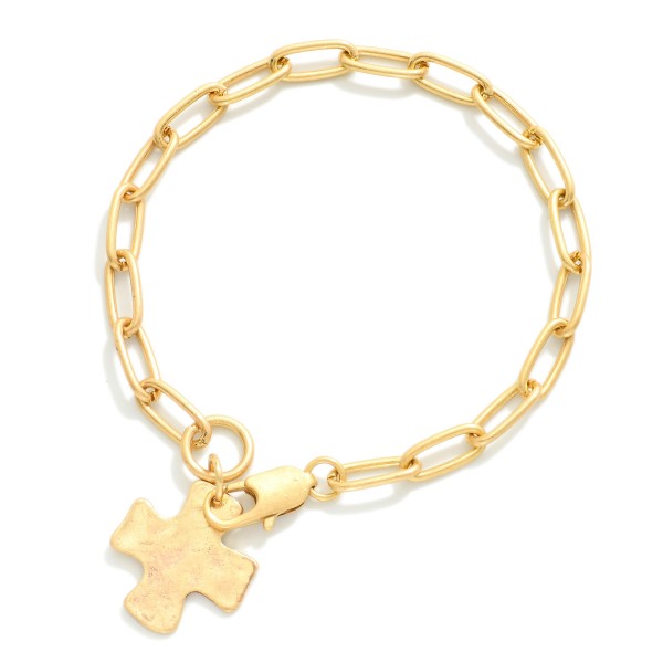 Matte Chain Link Bracelet Featuring Hammered Metal Plus Cross Charm 

- Approximately 3" D