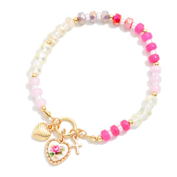 Stone & Faceted Bead Bracelet Featuring Heart & Cross Charms 

- Approximately 2.5" D