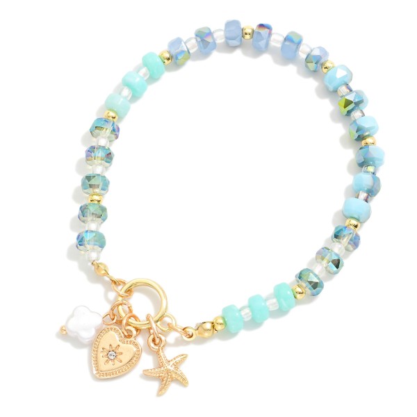 Stone & Faceted Bead Bracelet Featuring Heart & Starfish Charms 

- Approximately 2.5" D