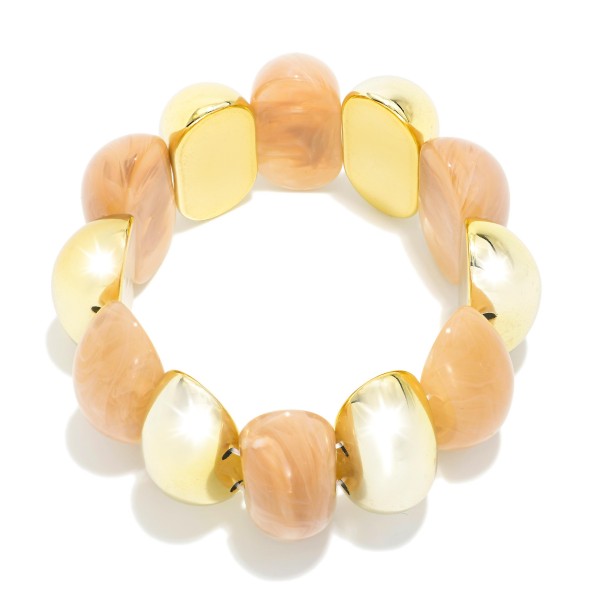Metal Tone & Marbled Acetate Half Oval Beaded Stretch Bangle Bracelet 

- Approximately 3" D