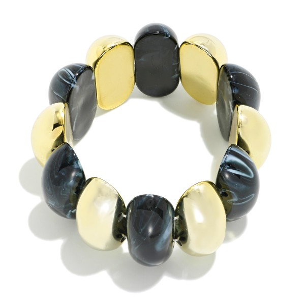 Metal Tone & Marbled Acetate Half Oval Beaded Stretch Bangle Bracelet 

- Approximately 3" D