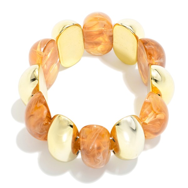 Metal Tone & Marbled Acetate Half Oval Beaded Stretch Bangle Bracelet 

- Approximately 3" D