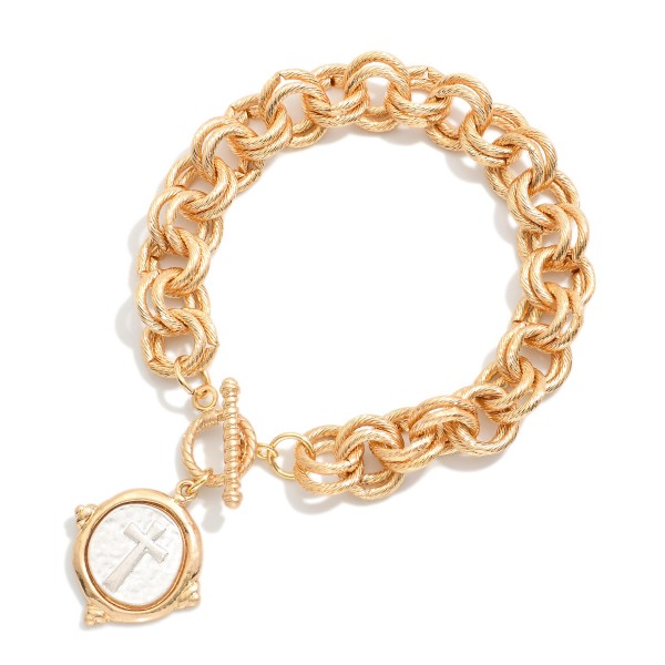 Textured Metal Double Link Chain Link Bracelet Featuring Hammered Metal Circle & Cross Charm 

- Approximately 3.5" D