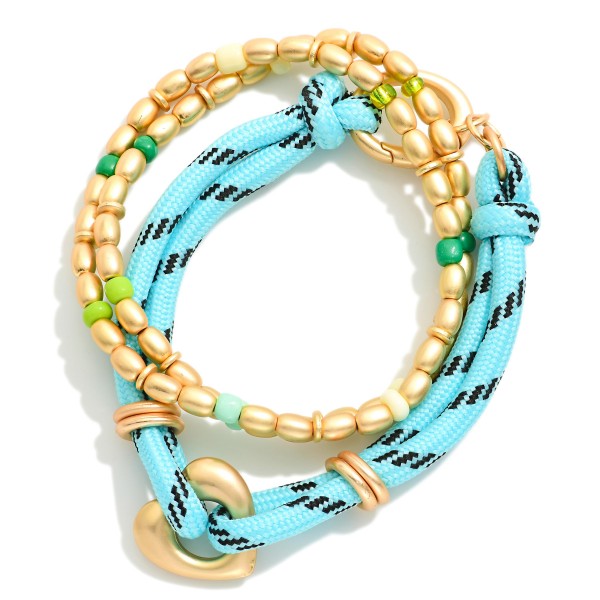 Set Of Three Layered Rope & Metal Tone Beaded Bracelets 

- Approximately 3" D