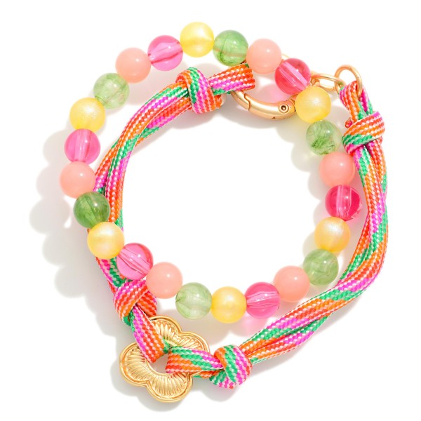 Set Of Two Layered Rope & Beaded Bracelets Featuring Metal Tone Clover Detail 

- Approximately 3" D