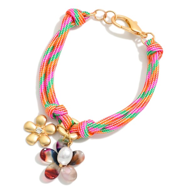 Layered Rope Bracelet Featuring Metal Tone & Acetate Flowers 

- Approximately 3" D
