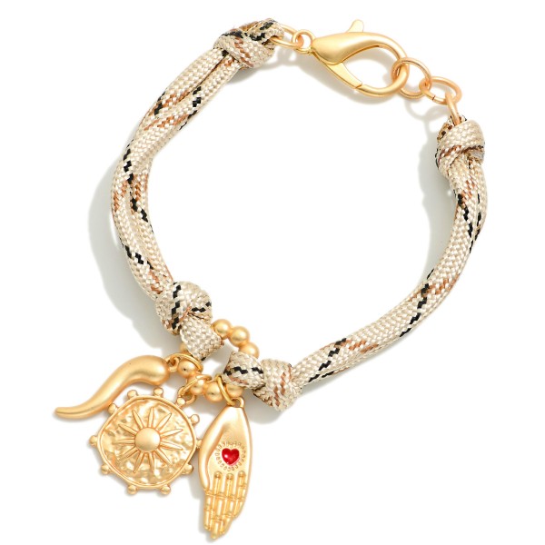 Layered Rope Bracelet Featuring Metal Tone Charms 

- Approximately 3" D