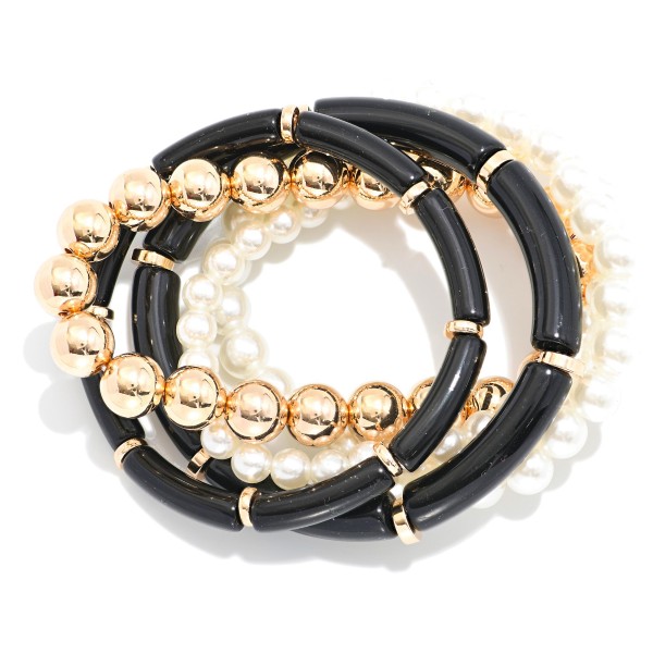 Set Of Five  Beaded Stretch Bracelets Featuring Pearls, Metal Tones, & Tube Beads 

- Approximately 2.5" D