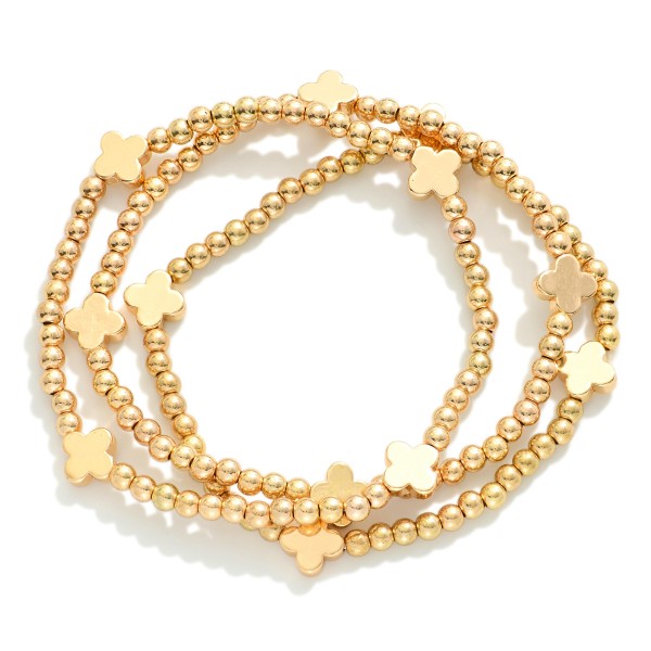 Set Of Three Beaded Stretch Bracelets Featuring Metal Tone Plus Cross Stations 

- Approximately 2.5" D