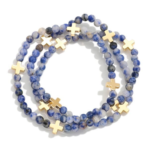 Set Of Three Stone Beaded Stretch Bracelets Featuring Metal Tone Plus Cross Stations 

- Approximately 2.5" D