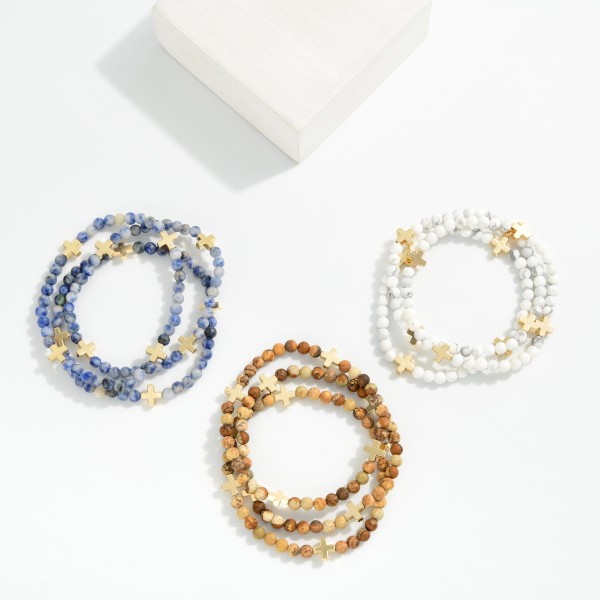 Set Of Three Stone Beaded Stretch Bracelets Featuring Metal Tone Plus Cross Stations 

- Approximately 2.5" D