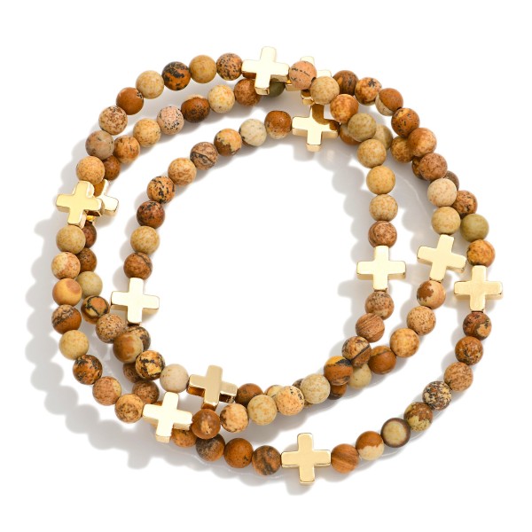 Set Of Three Stone Beaded Stretch Bracelets Featuring Metal Tone Plus Cross Stations 

- Approximately 2.5" D