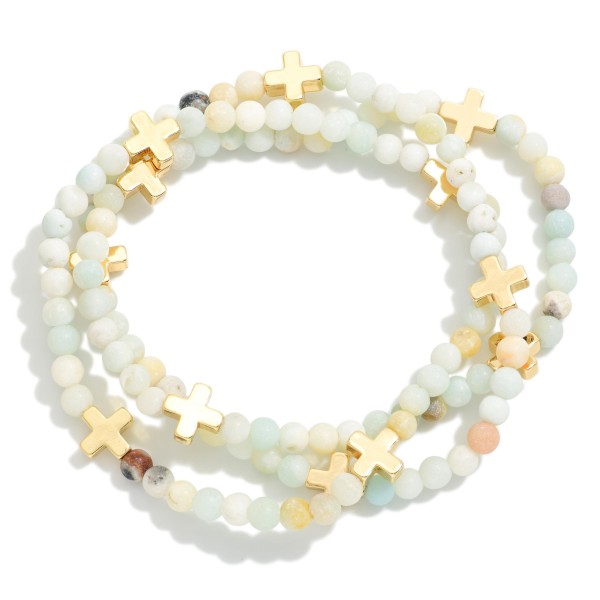 Set Of Three Stone Beaded Stretch Bracelets Featuring Metal Tone Plus Cross Stations 

- Approximately 2.5" D