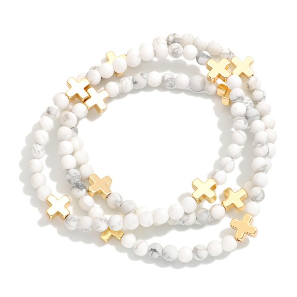 Set Of Three Stone Beaded Stretch Bracelets Featuring Metal Tone Plus Cross Stations 

- Approximately 2.5" D