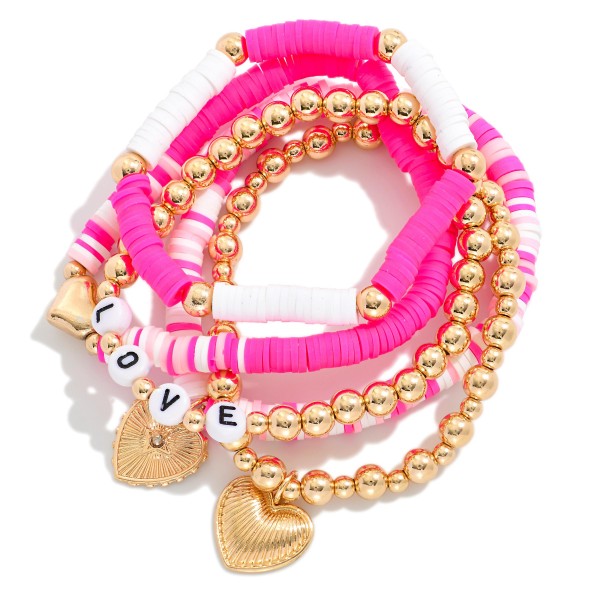 Set Of Five Valentine's Heishi & Metal Tone Beaded Stretch Bracelets Featuring Heart Charms 

- Approximately 3" D