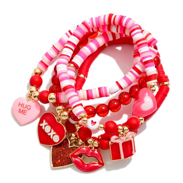Set Of Six Metal Tone & Heishi Bead Valentines Bracelets With Heart Charms 

- Approximately 3.5" D 