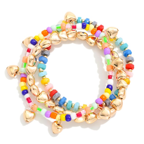 Set Of Five Beaded Stretch Bracelet Featuring Faceted Beads, Metal Tones, & Hearts 

- Approximately 3.75" D 