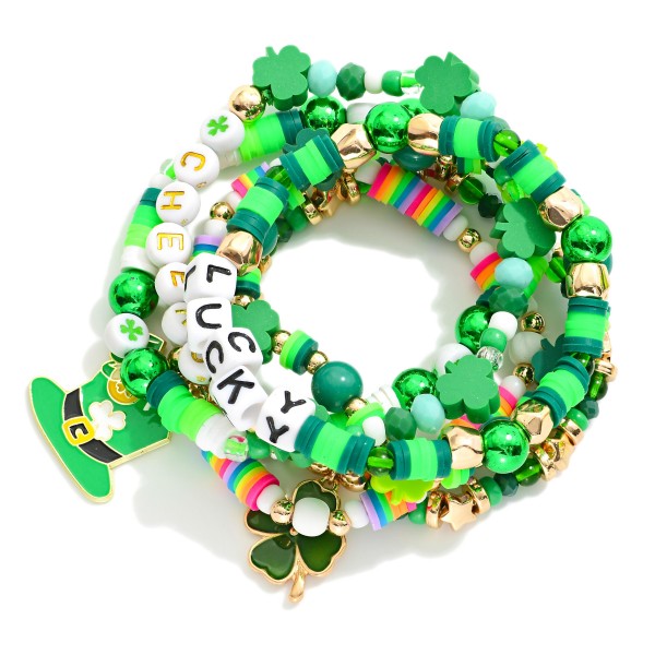 Set Of Six St. Patrick's Day Heishi Beaded Bracelet Featuring Charms, Gold Tones, And Faceted Beads 

- Approximately 3.5" D