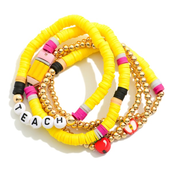 Set Of 5 Beaded Stretch Bracelets Featuring Heishi Beads, Teacher Beads, & Metal Tones 

- Approximately 2.5" D