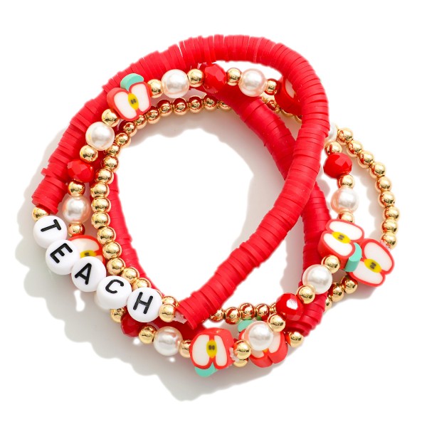 Set Of 4 Beaded Stretch Bracelets Featuring Heishi Beads, Apples, & Metal Tones 

- Approximately 2.5" D