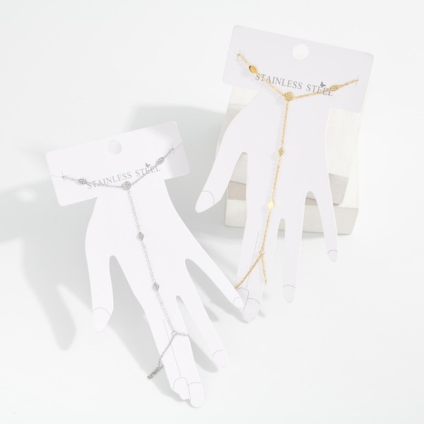 Chain Link Hand Chain Featuring Rhinestone Geometric Shape Stations 

- Approximately 3" D
- Extender 1" L