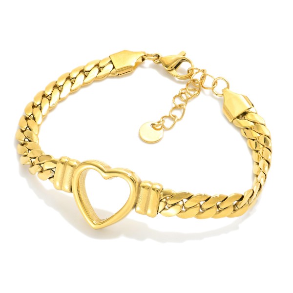 Flat Chain Link Bracelet Featuring Metal Tone Hollow Heart Detail  

- Stainless Steel
- Water Resistant
- Approximately .5" D
