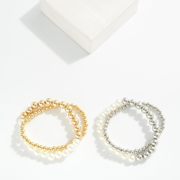 Set Of Two Metal Tone & Pearl Beaded Stretch Bracelets 

- Approximately 2.5" D
