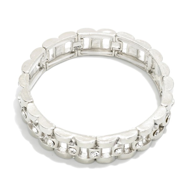 Metal Tone Oyster Link Chain Link Stretch Bracelet With Rhinestone Details 

- Approximately 2.5" D