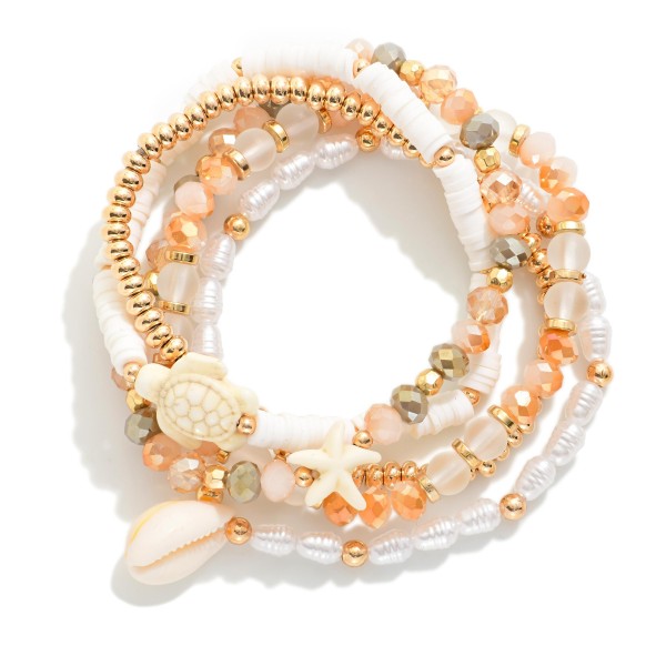 Set Of Five Beaded Stretch Bracelets Featuring Heishi Beads, Shells, & Pearls 

- Approximately 2.5" D
