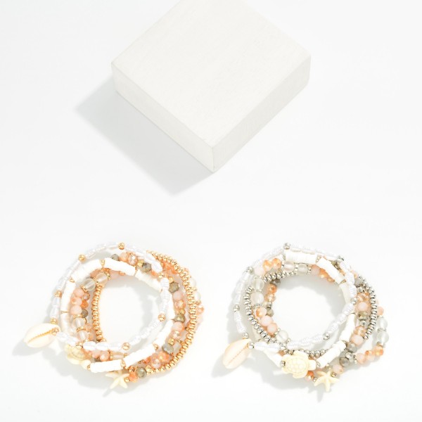 Set Of Five Beaded Stretch Bracelets Featuring Heishi Beads, Shells, & Pearls 

- Approximately 2.5" D