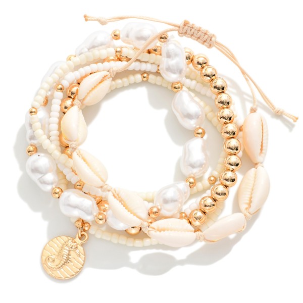 Set Of 6 Beaded Stretch Bracelets Featuring Seed Beads, Cowrie Shells, Baroque Pearls 

- Approximately 3" D