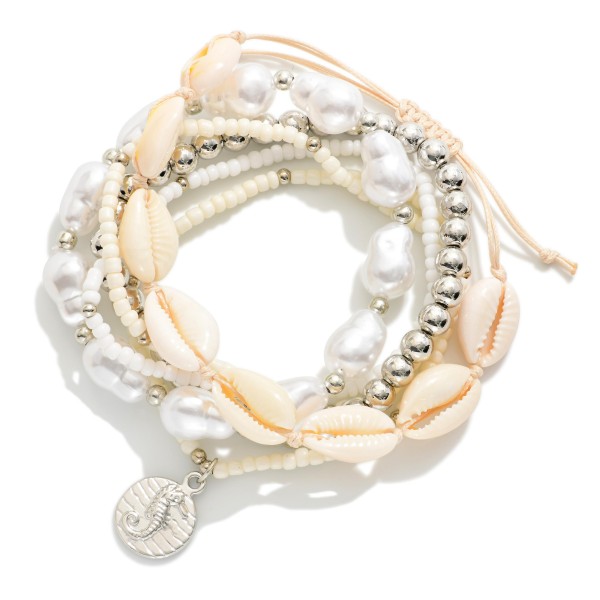 Set Of 6 Beaded Stretch Bracelets Featuring Seed Beads, Cowrie Shells, Baroque Pearls 

- Approximately 3" D