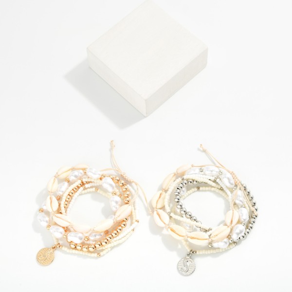 Set Of 6 Beaded Stretch Bracelets Featuring Seed Beads, Cowrie Shells, Baroque Pearls 

- Approximately 3" D