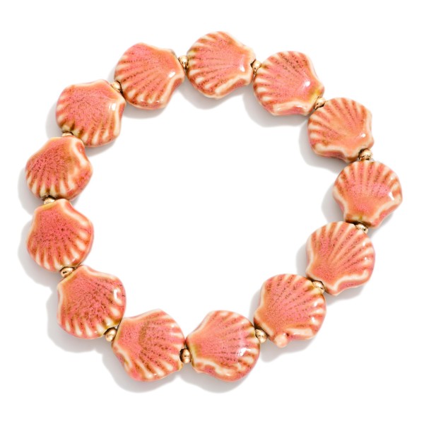 Porcelain Shell Beaded Stretch Bracelet Featuring Gold Tones 

- Approximately 3" D 