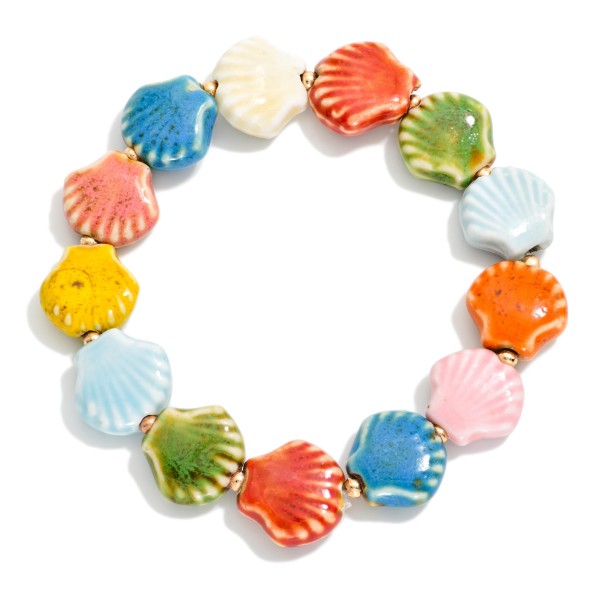 Porcelain Shell Beaded Stretch Bracelet Featuring Gold Tones 

- Approximately 3" D 