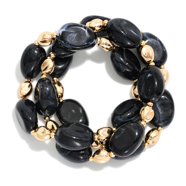 Set Of Three Marbled Acetate & Metal Tone Nugget Beaded Bracelets 

- Approximately 2.5" D