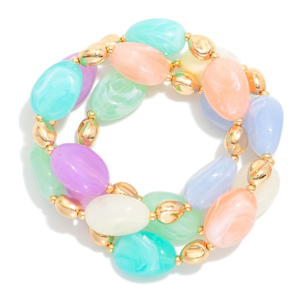 Set Of Three Marbled Acetate & Metal Tone Nugget Beaded Bracelets 

- Approximately 2.5" D
