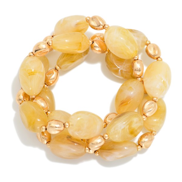 Set Of Three Marbled Acetate & Metal Tone Nugget Beaded Bracelets 

- Approximately 2.5" D