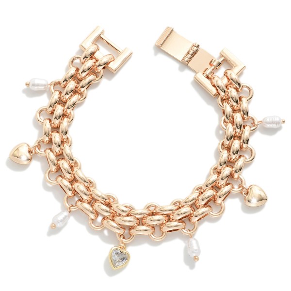 Woven Metal Tone Bracelet Featuring Pearl & Heart Charms 

- Approximately 2" D 
