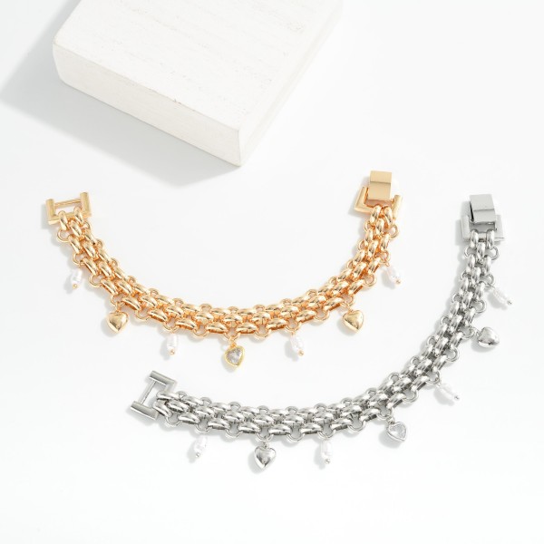Woven Metal Tone Bracelet Featuring Pearl & Heart Charms 

- Approximately 2" D 
