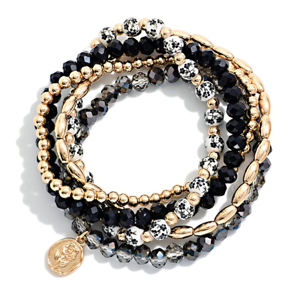 Set Of Five Beaded Bracelets Featuring Metal Tones, Faceted Beads, & Chinoiserie Beads 

- Approximately 2.5" D