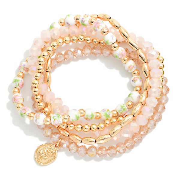 Set Of Five Beaded Bracelets Featuring Metal Tones, Faceted Beads, & Chinoiserie Beads 

- Approximately 2.5" D