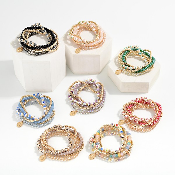 Set Of Five Beaded Bracelets Featuring Metal Tones, Faceted Beads, & Chinoiserie Beads 

- Approximately 2.5" D