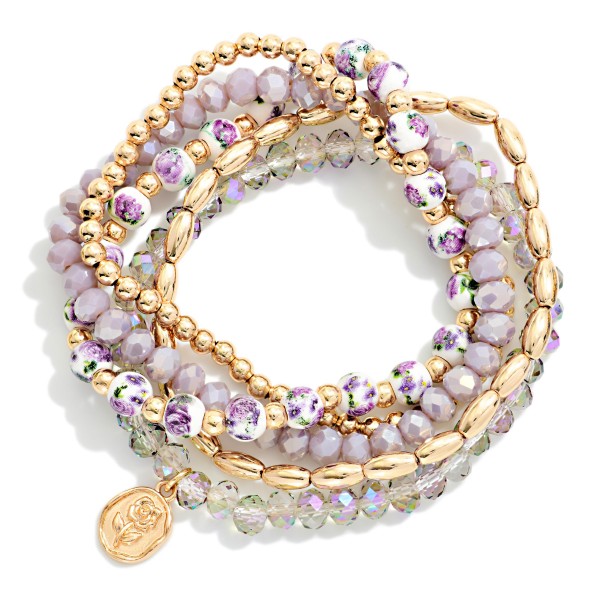 Set Of Five Beaded Bracelets Featuring Metal Tones, Faceted Beads, & Chinoiserie Beads 

- Approximately 2.5" D