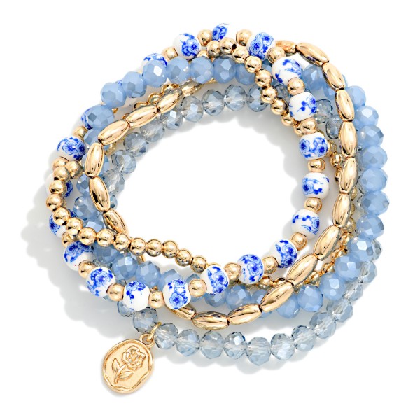 Set Of Five Beaded Bracelets Featuring Metal Tones, Faceted Beads, & Chinoiserie Beads 

- Approximately 2.5" D