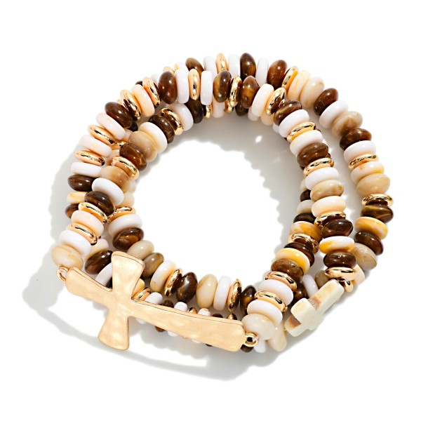 Set Of Three Stone Disk Bead Beaded Stretch Bracelets With Hammered Metal East West Cross 

- Approximately 3" D