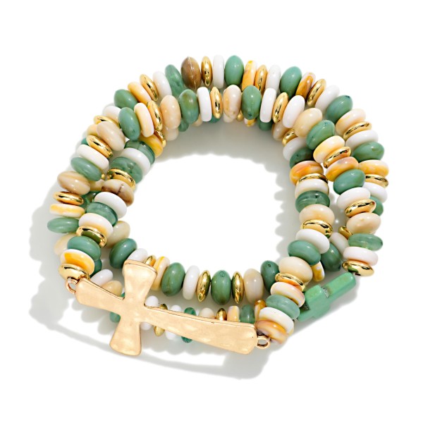 Set Of Three Stone Disk Bead Beaded Stretch Bracelets With Hammered Metal East West Cross 

- Approximately 3" D